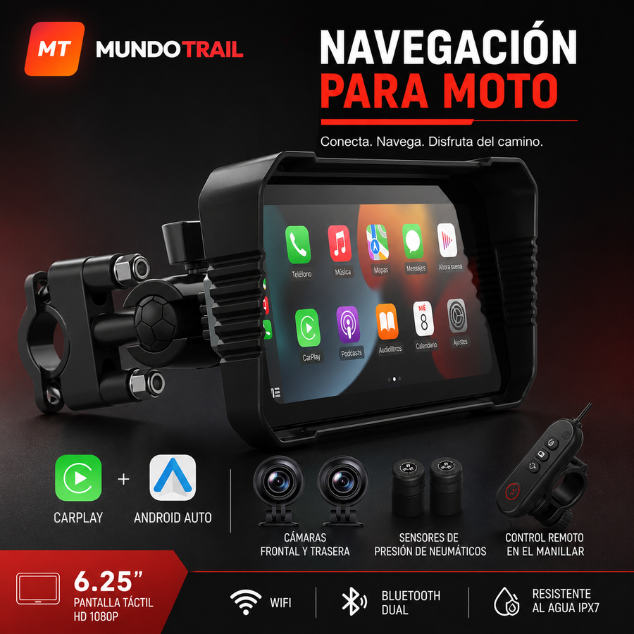 Pantalla CarPlay y Android Auto para moto con GPS, DVR y TPMS