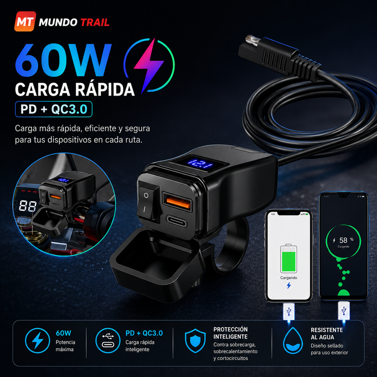 Cargador USB doble para moto QC 3.0 con voltímetro e interruptor