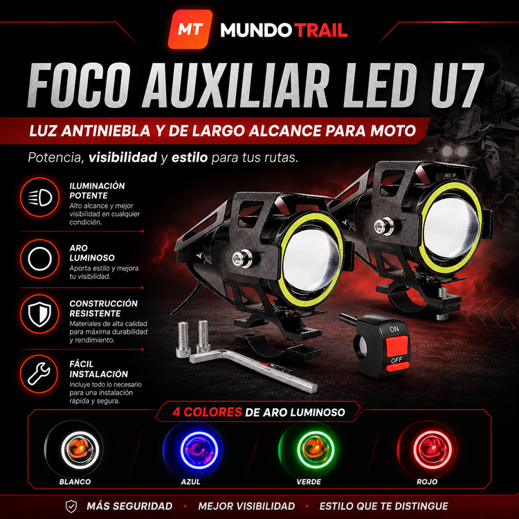 Foco LED auxiliar U7 para moto con luz Angel Eye y 3 modos