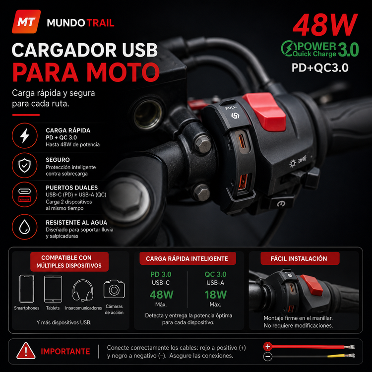 Cargador USB y USB-C para moto de 30 W con protección IP65