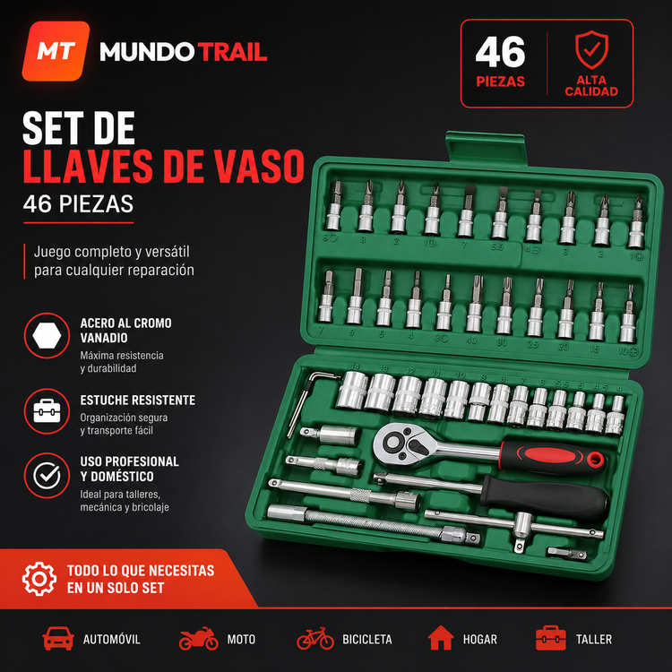 Juego de vasos de 1/4 de pulgadas, llave de carraca, dinamométrica, y herramientas de mecánica para moto