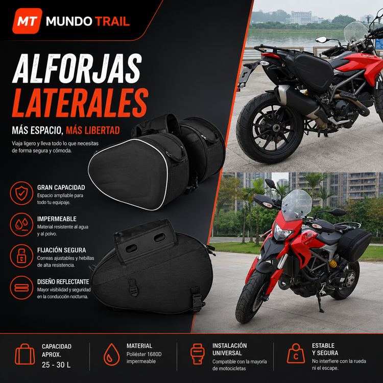 Alforjas laterales impermeables y expandibles para moto 36–58 L