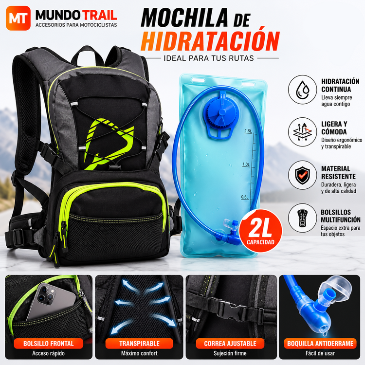 Mochila de hidratación para moto y motocross con bolsa de agua de 2 L
