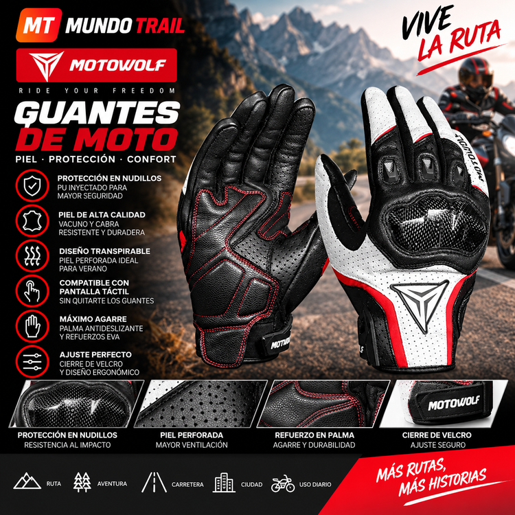 Guantes de moto MOTOWOLF MDL0305 de piel con protección y función táctil