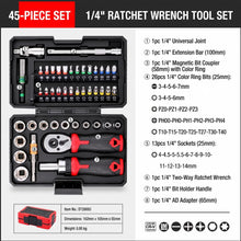 45Pcs Ratchet Socket Wrench Set 1/4 Inch Drive CR-V Steel 72-Tooth Magnetic Screwdriver Bit Kit for Home Repair DIY with Case