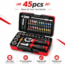 45Pcs Ratchet Socket Wrench Set 1/4 Inch Drive CR-V Steel 72-Tooth Magnetic Screwdriver Bit Kit for Home Repair DIY with Case